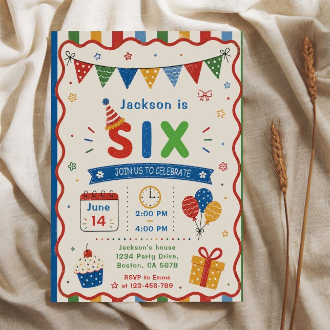 Colourful SIX 6th Birthday Party Invitation (Creator Uploaded)