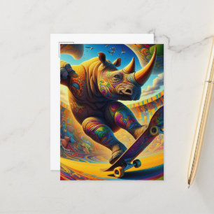 Colourful Skateboarding Rhino Postcard