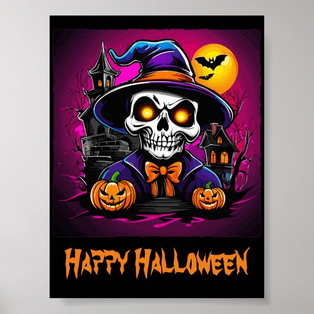 Colourful Skeleton Halloween Cartoon Pumpkin Poster (Front)