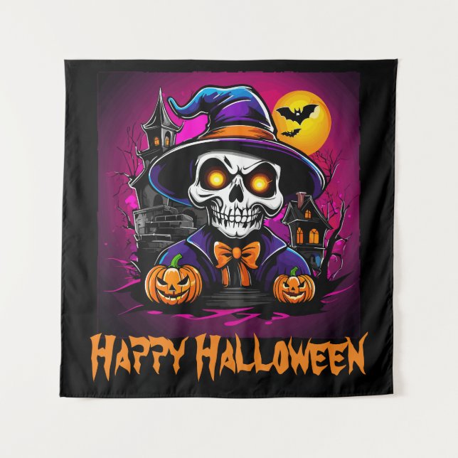 Colourful Skeleton Halloween Cartoon Pumpkin Tapestry (Front)