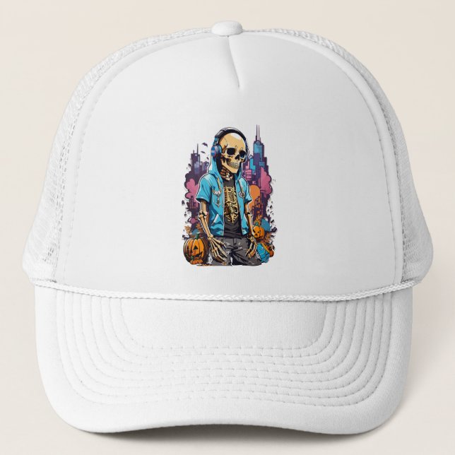 Colourful skeleton with halloween pumpkin trucker hat (Front)