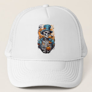 Colourful skeleton with halloween pumpkin trucker hat