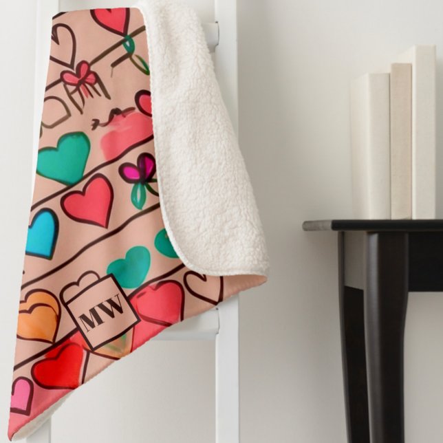 Colourful sketch-like hearts, and ribbons monogram sherpa blanket (Creator Uploaded)