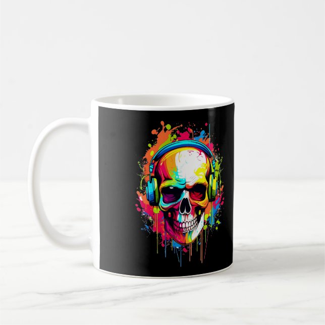 Colourful Skull wearing headphones Coffee Mug (Left)
