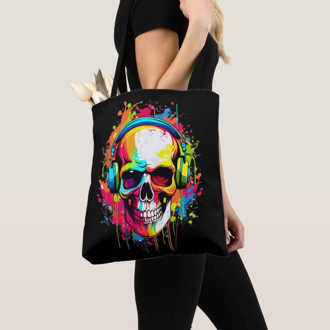 Colourful Skull wearing headphones Tote Bag (Close Up)