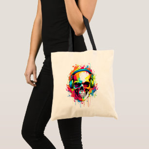 Colourful Skull wearing headphones Tote Bag