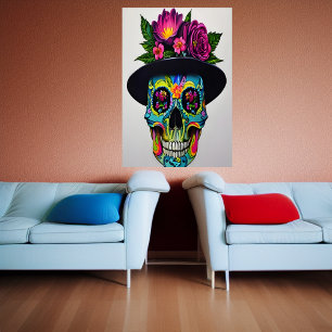 Colourful skull with a hat and flower   AI Art  Poster
