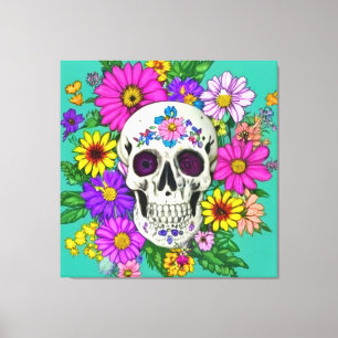 colourful skull with flowers canvas print
