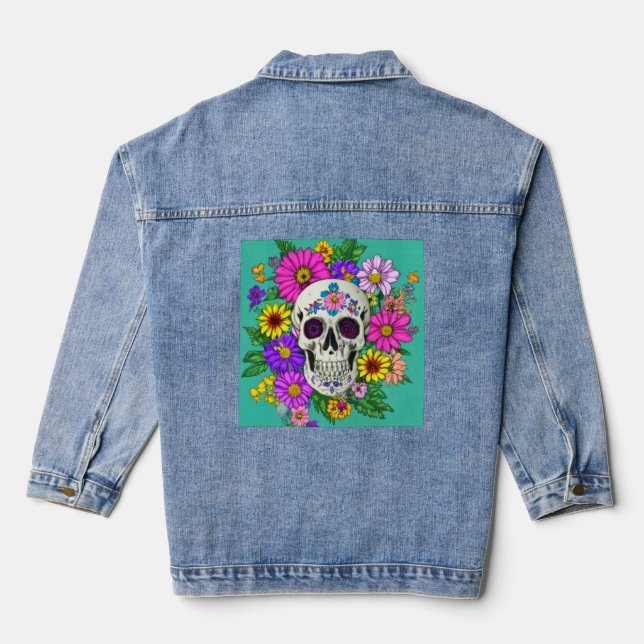 colourful skull with flowers  denim jacket (Back)