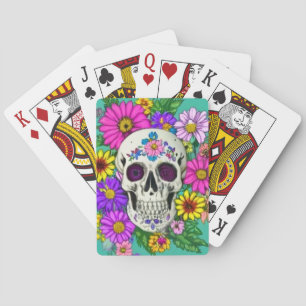 colourful skull with flowers playing cards