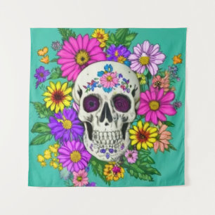 colourful skull with flowers  tapestry