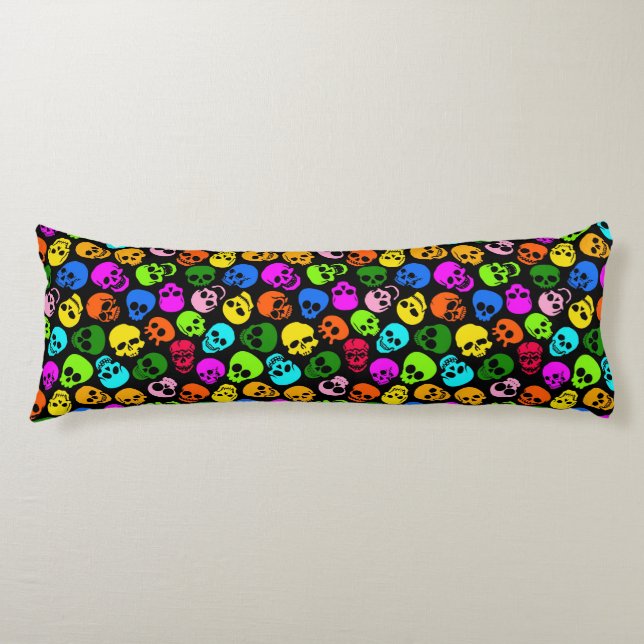Colourful Skulls pattern in black Body Cushion (Front)
