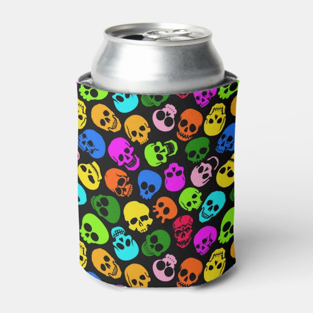 Colourful Skulls pattern in black Can Cooler (Can Front)