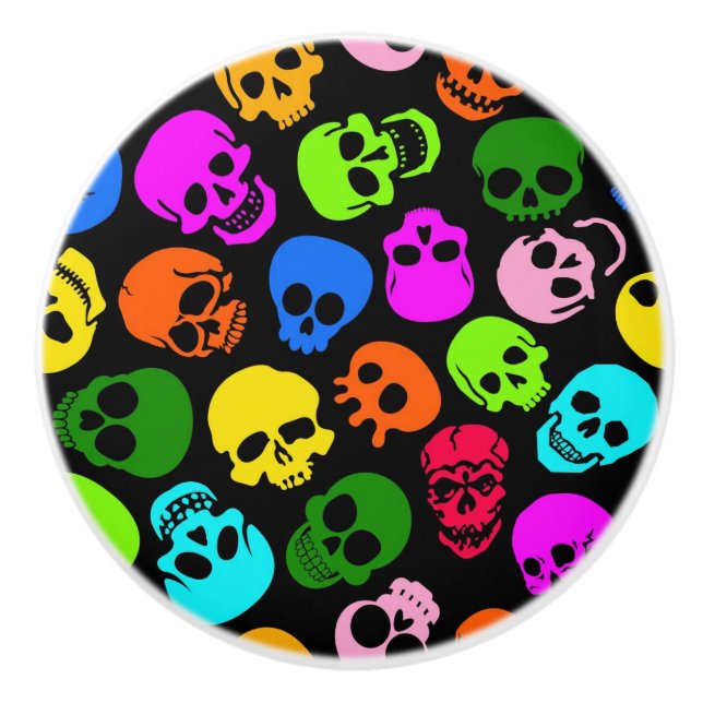 Colourful Skulls pattern in black Ceramic Knob (Front)