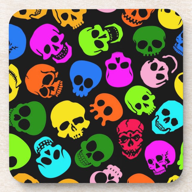 Colourful Skulls pattern in black Coaster (Front)