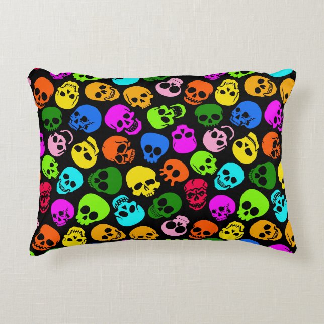 Colourful Skulls pattern in black Decorative Cushion (Front)
