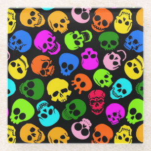 Colourful Skulls pattern in black Glass Coaster