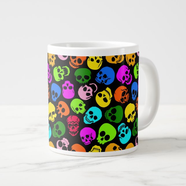 Colourful Skulls pattern in black Large Coffee Mug (Front Right)