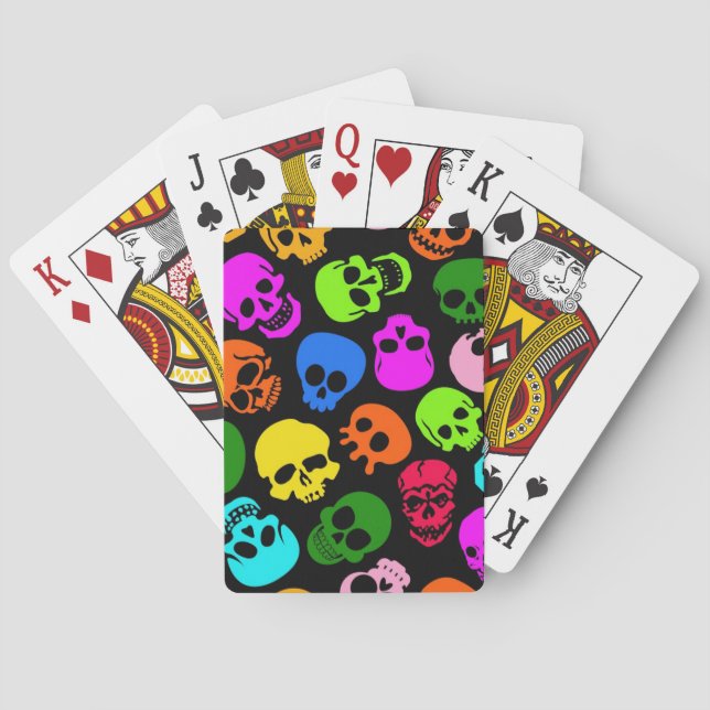Colourful Skulls pattern in black Playing Cards (Back)