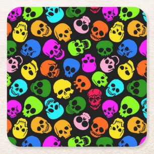 Colourful Skulls pattern in black Square Paper Coaster