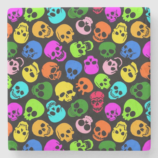 Colourful Skulls pattern in black Stone Coaster (Front)