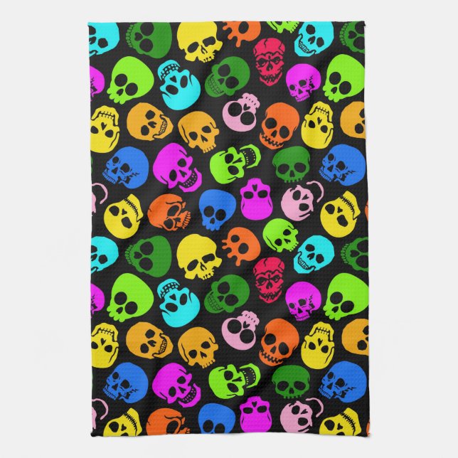 Colourful Skulls pattern in black Tea Towel (Vertical)