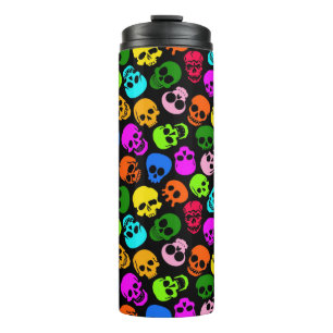 Colourful Skulls pattern in black Thermal Tumbler