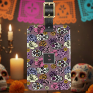 Colourful Skulls Trendy Monogram Mauve Luggage Tag
