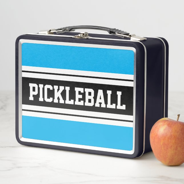 Colourful Sky Blue PICKLEBALL Sports Stripes Text Metal Lunch Box (In Situ)