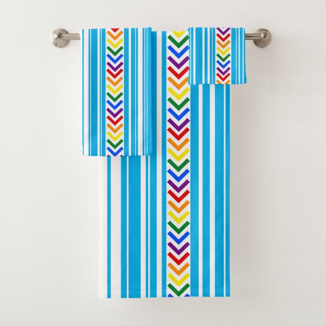 Colourful Sky Blue White Stripe and Rainbow Patter Bath Towel Set (Insitu)