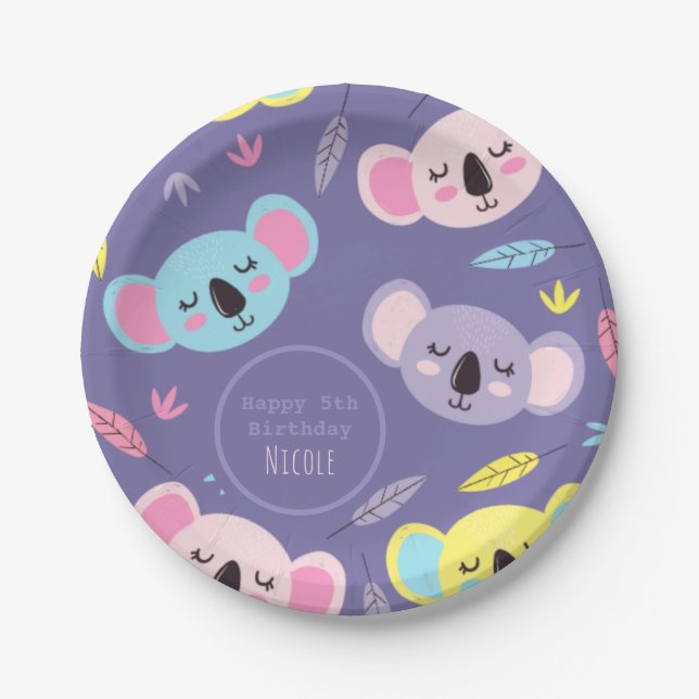 Colourful Sleeping Koala Pattern 5th Kids Birthday Paper Plate (Front)