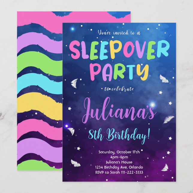 Colourful Sleepover Party Birthday Invitation (Front/Back)
