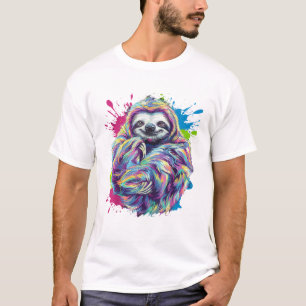 Colourful Sloth Cute Animal Art Funny Graphic Tee 