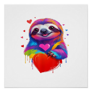 Colourful Sloth T-Shirt - Rainbow Sloth Heart Anim Poster