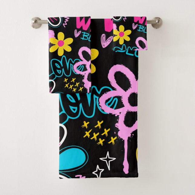 Colourful Smiley Flower Graffiti Pattern Baby Bib Bath Towel Set (Insitu)