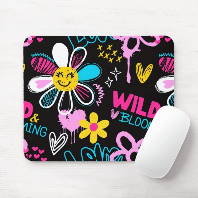 Colourful Smiley Flower Graffiti Pattern Baby Bib Mouse Mat (With Mouse)