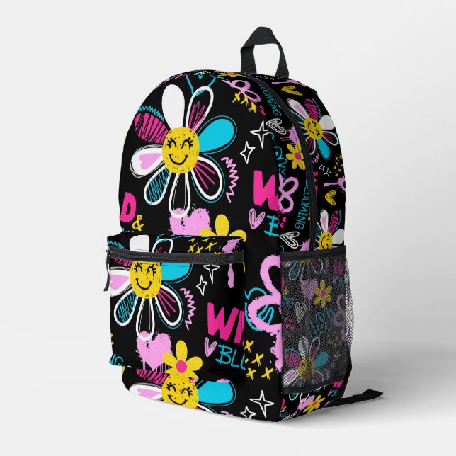 Colourful Smiley Flower Graffiti Pattern Baby Bib Printed Backpack (Back Corner Right)