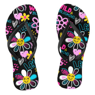 Colourful Smiley Flower Graffiti Pattern Flip Flops