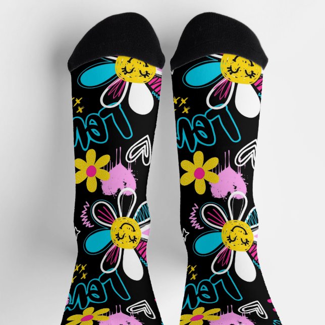 Colourful Smiley Flower Graffiti Pattern  Socks (Top)