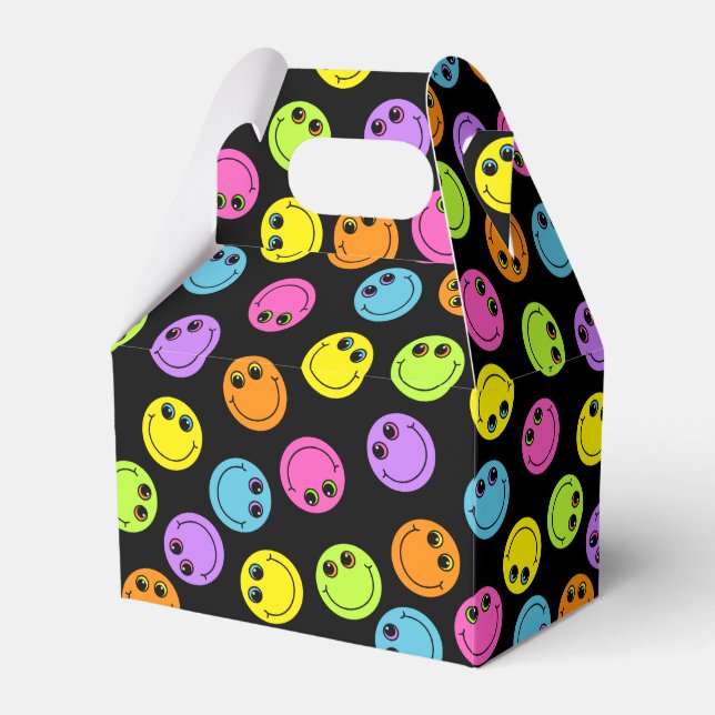 Colourful Smiling Emoji Faces on Black Favour Box (Front Side)