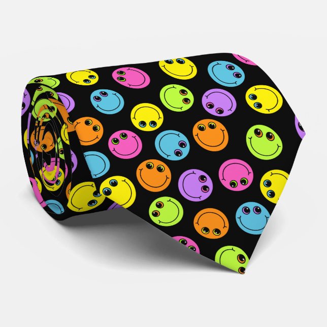 Colourful Smiling Emoji Faces on Black Tie (Rolled)