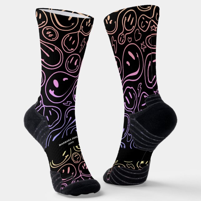 Colourful Smiling Face Melting Smile Pattern Black Socks (Angled)