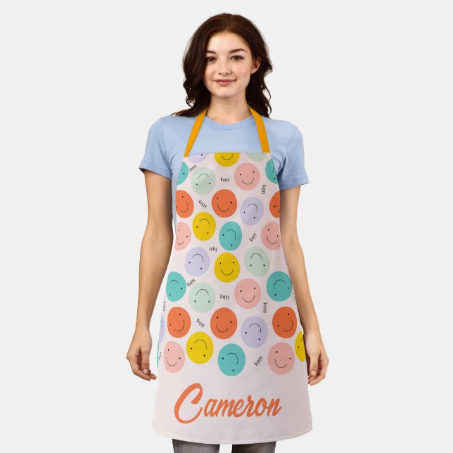 Colourful Smiling Happy Face Pattern Apron (Worn)