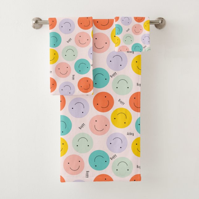 Colourful Smiling Happy Face Pattern Bath Towel Set (Insitu)