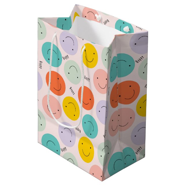 Colourful Smiling Happy Face Pattern Medium Gift Bag (Front Angled)