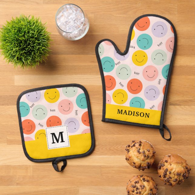 Colourful Smiling Happy Face Pattern Oven Mitt & Pot Holder Set (Top Down)