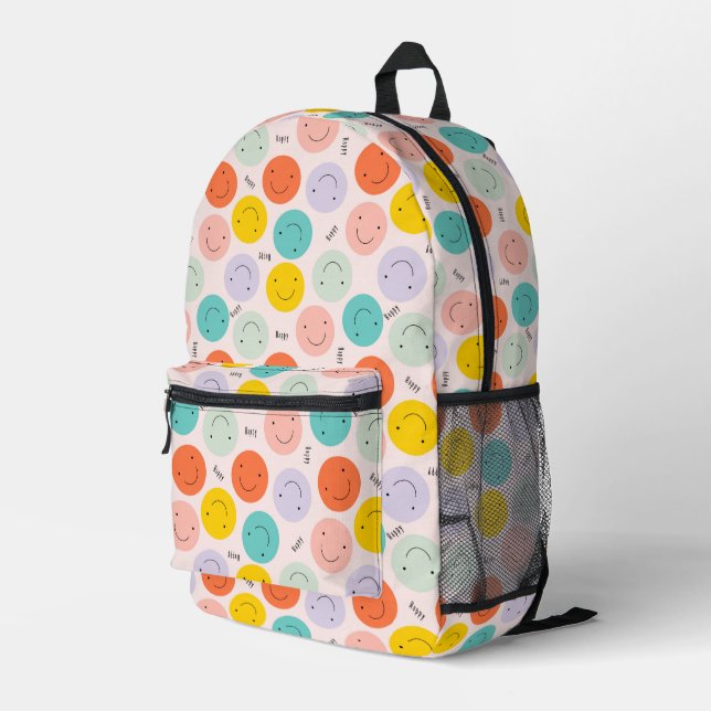 Colourful Smiling Happy Face Pattern Printed Backpack (Back Corner Right)