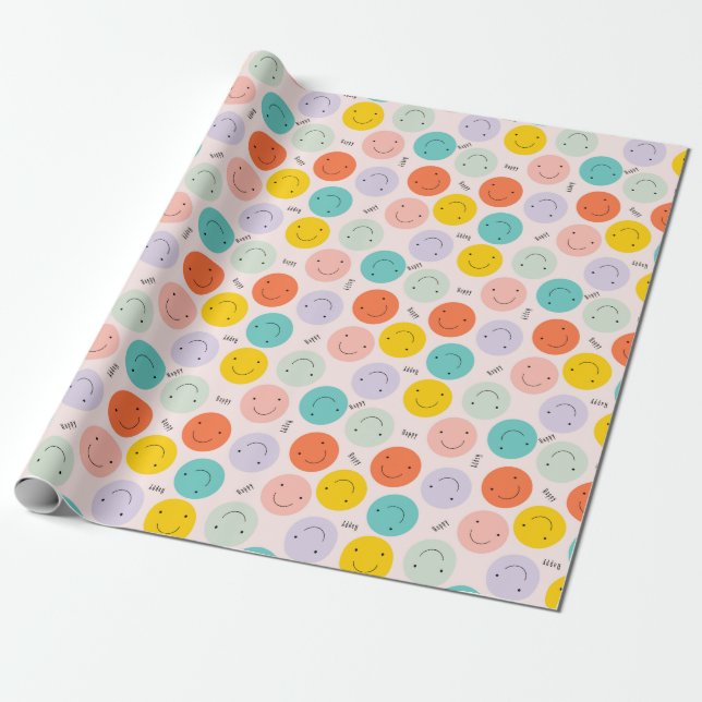 Colourful Smiling Happy Face Pattern Wrapping Paper (Unrolled)