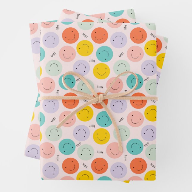 Colourful Smiling Happy Face Pattern Wrapping Paper Sheet (In situ)
