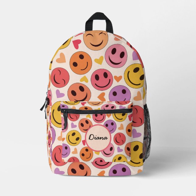 Colourful Smiling Happy faces with hearts  Name  Printed Backpack (Front)